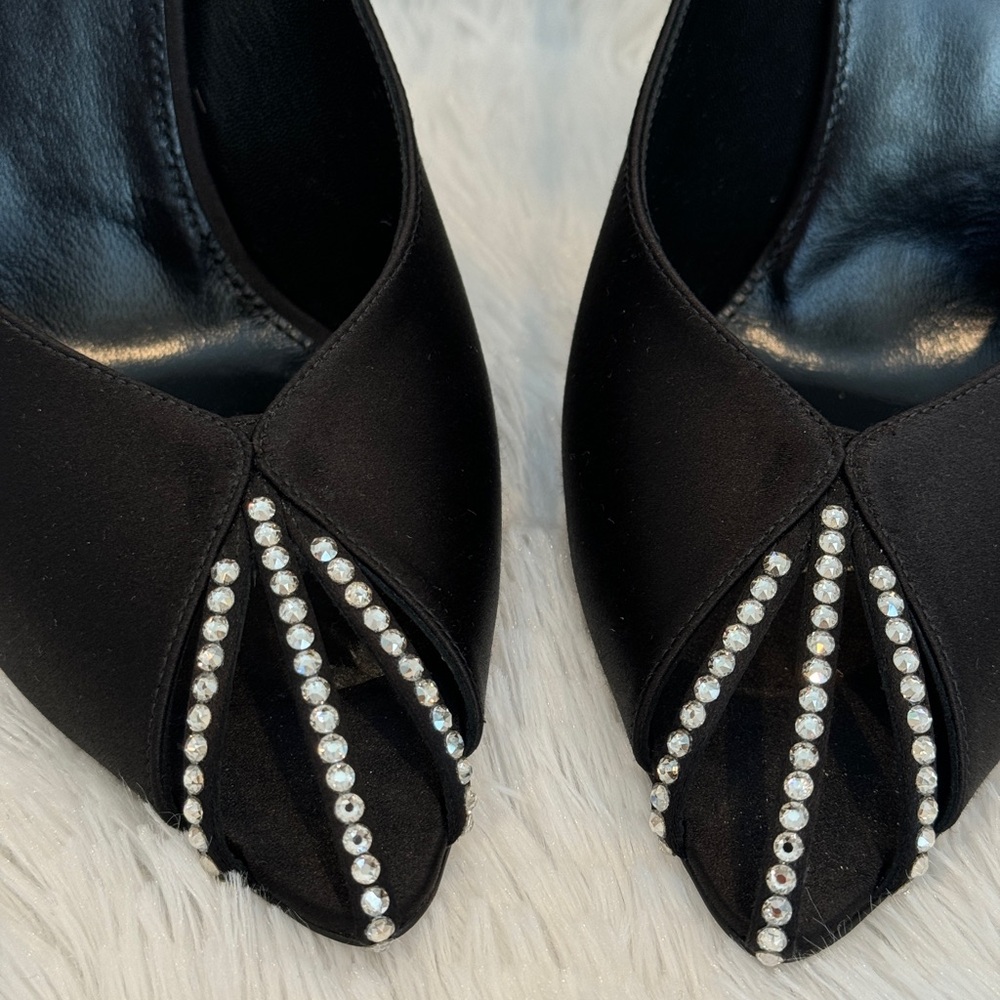 Saint Laurent Black Satin Pointed Toe Pumps with Crystal Trim - Picture 4 of 6